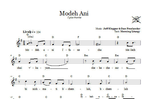 Dan Freelander Modeh Ani (I Give Thanks) sheet music notes and chords arranged for Lead Sheet / Fake Book