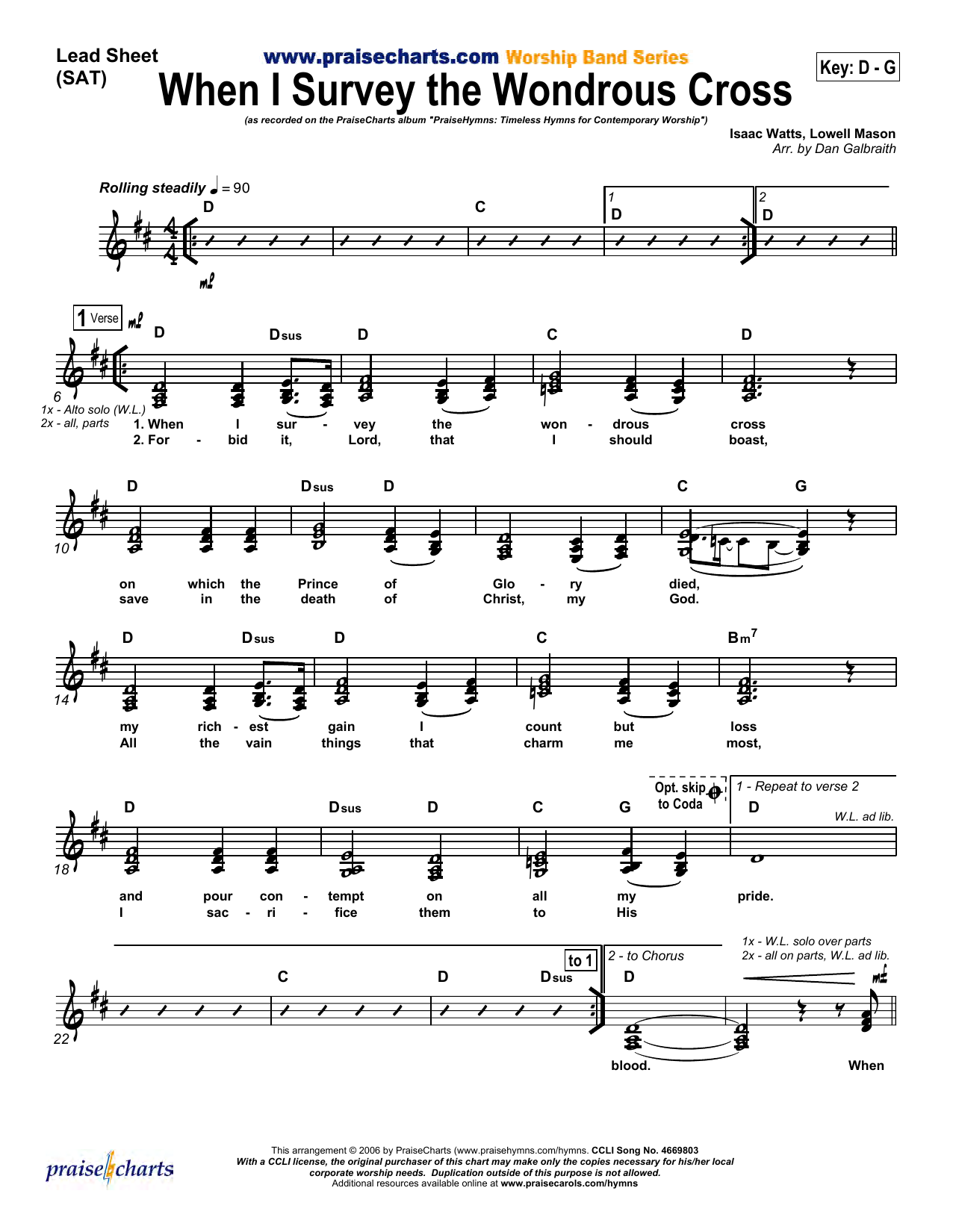 Dan Galbraith When I Survey the Wondrous Cross sheet music notes and chords arranged for Lead Sheet / Fake Book