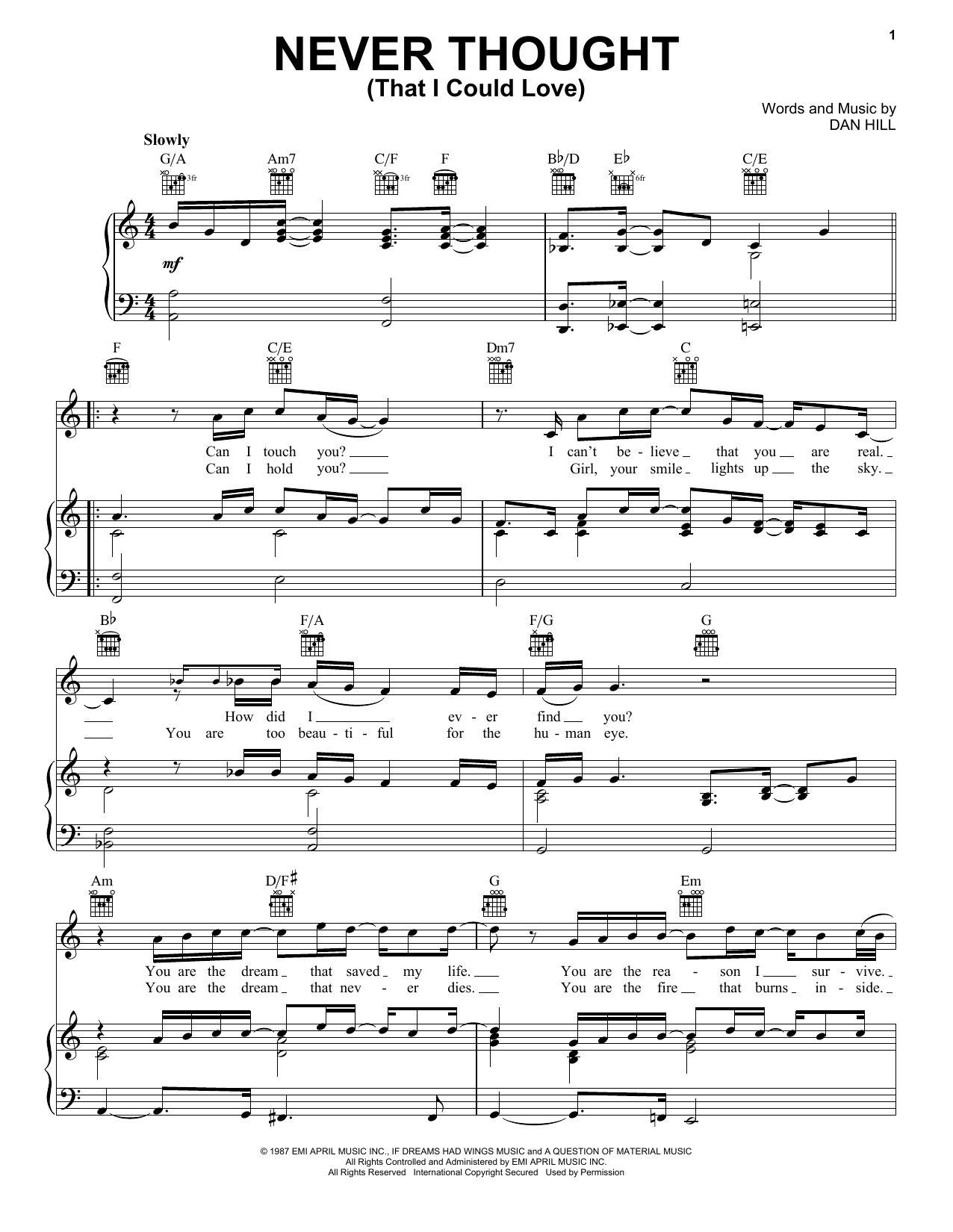 Dan Hill Never Thought (That I Could Love) sheet music notes and chords arranged for Piano, Vocal & Guitar Chords (Right-Hand Melody)