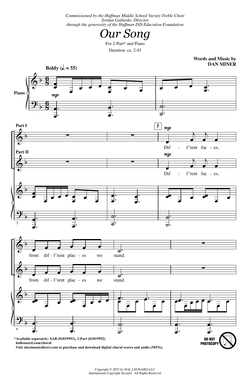 Dan Miner Our Song sheet music notes and chords arranged for 2-Part Choir