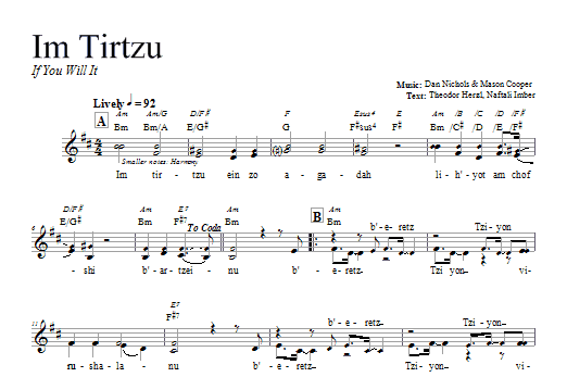 Dan Nichols Im Tirtzu sheet music notes and chords arranged for Lead Sheet / Fake Book