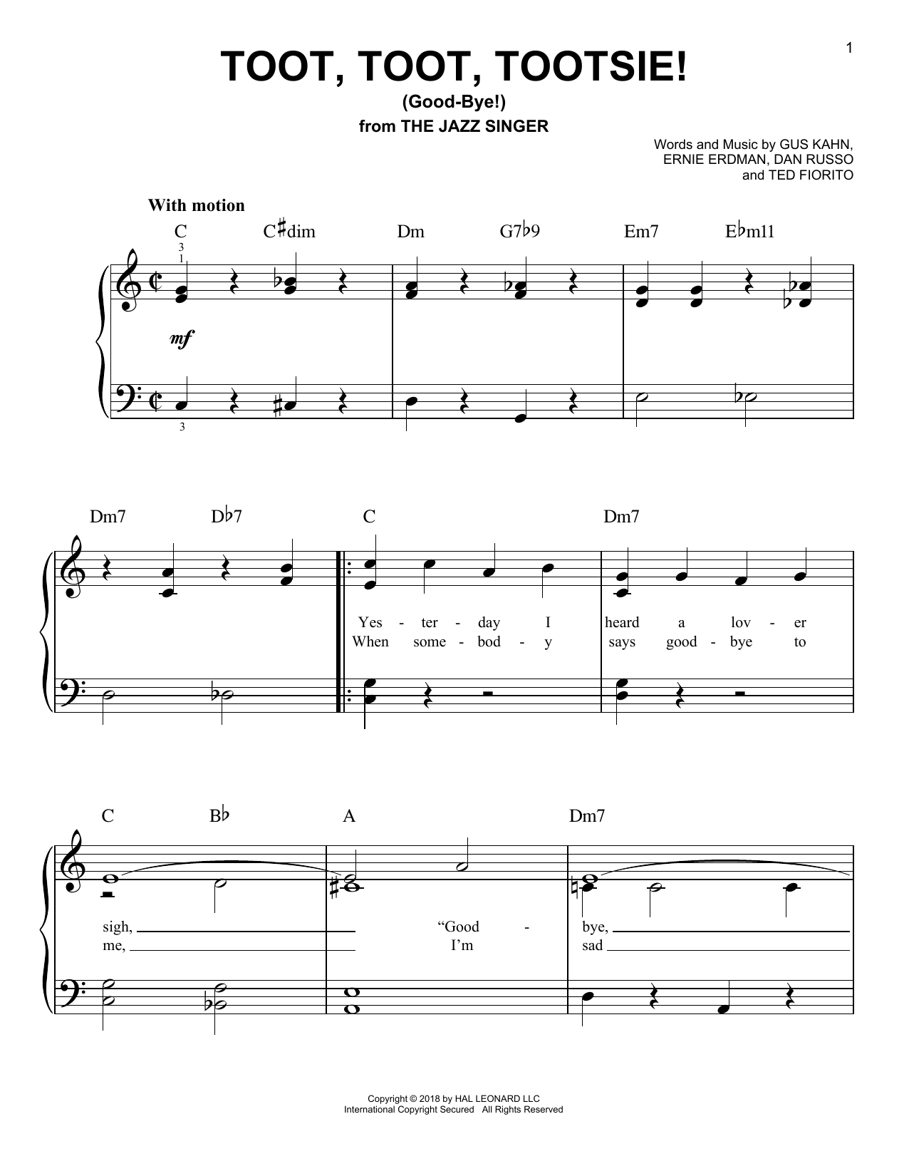Dan Russo Toot, Toot, Tootsie! (Good-bye!) sheet music notes and chords arranged for Easy Piano