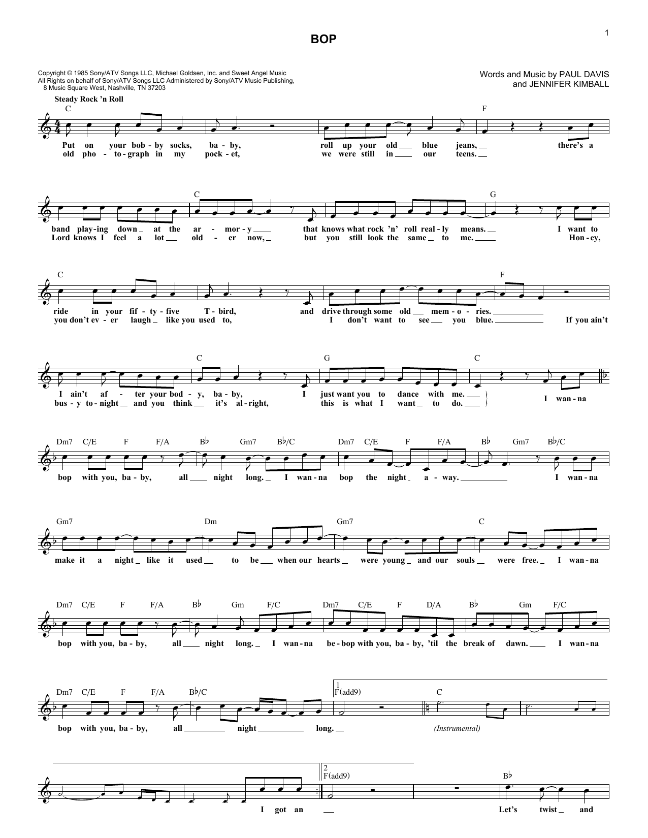 Dan Seals Bop sheet music notes and chords arranged for Lead Sheet / Fake Book