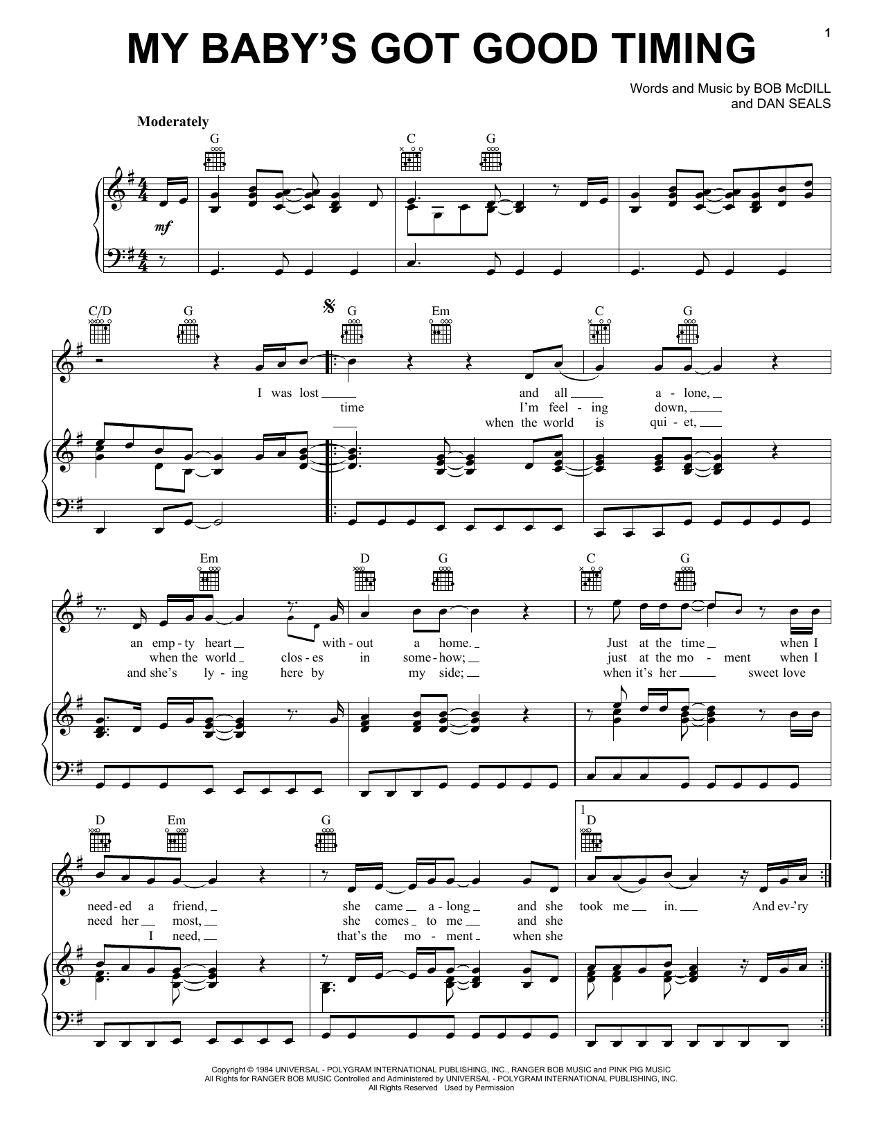 Dan Seals My Baby's Got Good Timing sheet music notes and chords arranged for Piano, Vocal & Guitar Chords (Right-Hand Melody)