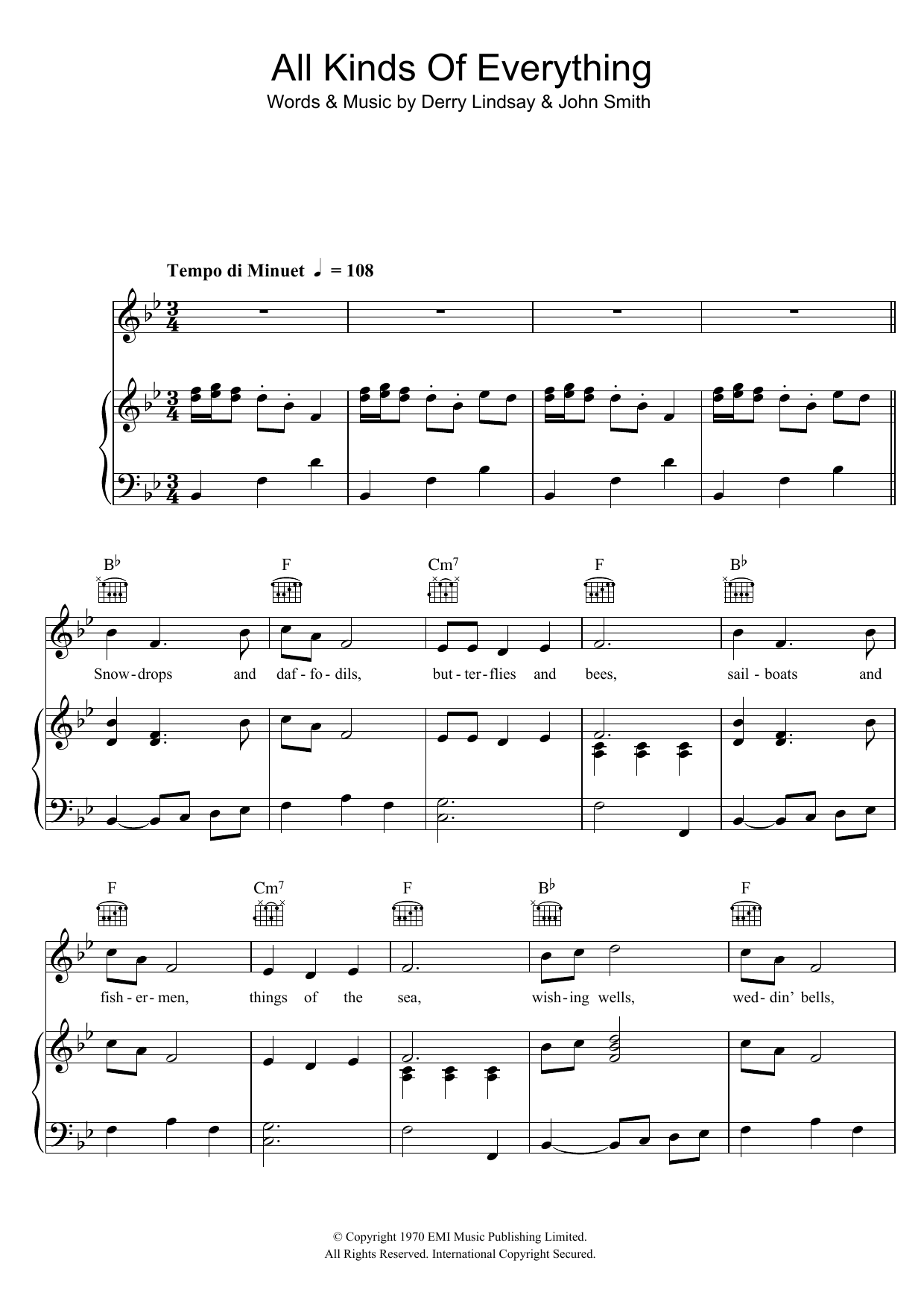 Dana All Kinds Of Everything sheet music notes and chords arranged for Piano, Vocal & Guitar Chords
