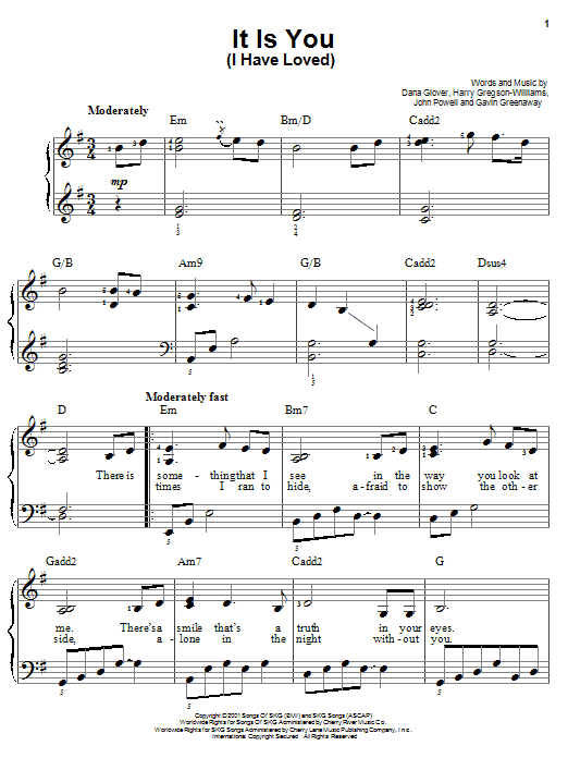 Dana Glover It Is You (I Have Loved) sheet music notes and chords arranged for Easy Piano