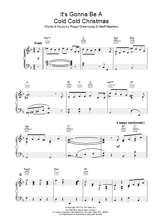 Dana It's Gonna Be A Cold Cold Christmas sheet music notes and chords arranged for Guitar Chords/Lyrics