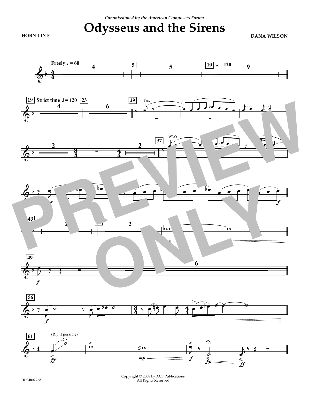 Dana Wilson Odysseus and the Sirens - F Horn 1 sheet music notes and chords arranged for Concert Band
