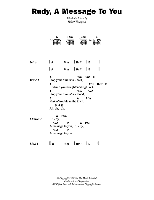 Dandy Livingstone Rudy, A Message To You sheet music notes and chords arranged for Guitar Chords/Lyrics