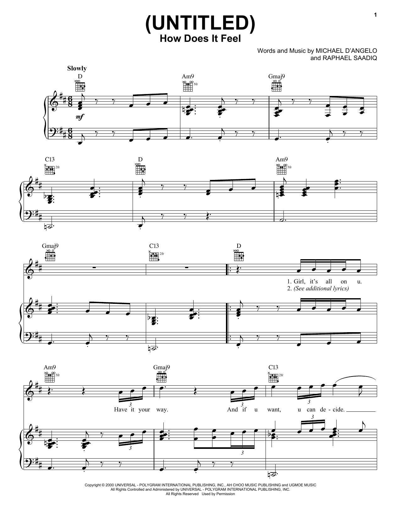 D'Angelo (Untitled) How Does It Feel sheet music notes and chords arranged for Piano, Vocal & Guitar Chords (Right-Hand Melody)