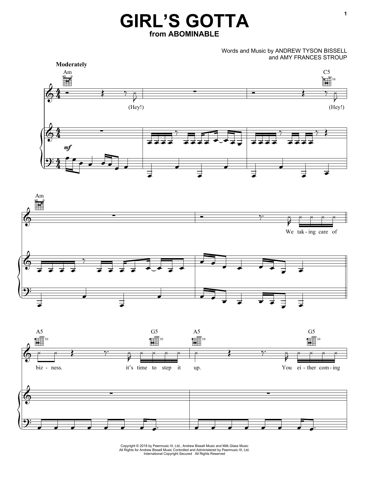Danger Twins Girl's Gotta (from the Motion Picture Abominable) sheet music notes and chords arranged for Piano, Vocal & Guitar Chords (Right-Hand Melody)