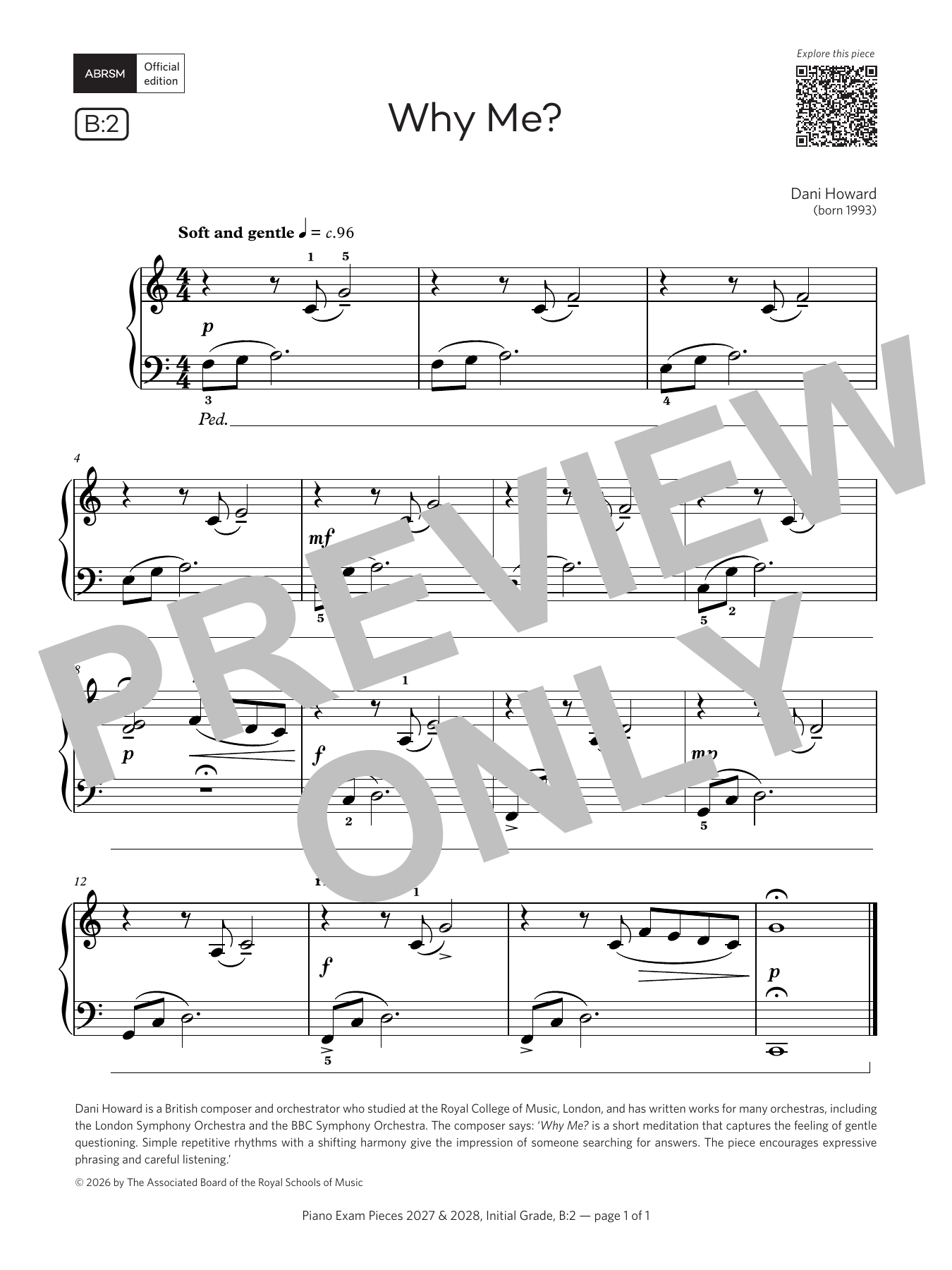Dani Howard Why Me? (Grade Initial, list B2, from the ABRSM Piano Syllabus 2027 & 2028) sheet music notes and chords arranged for Piano Solo