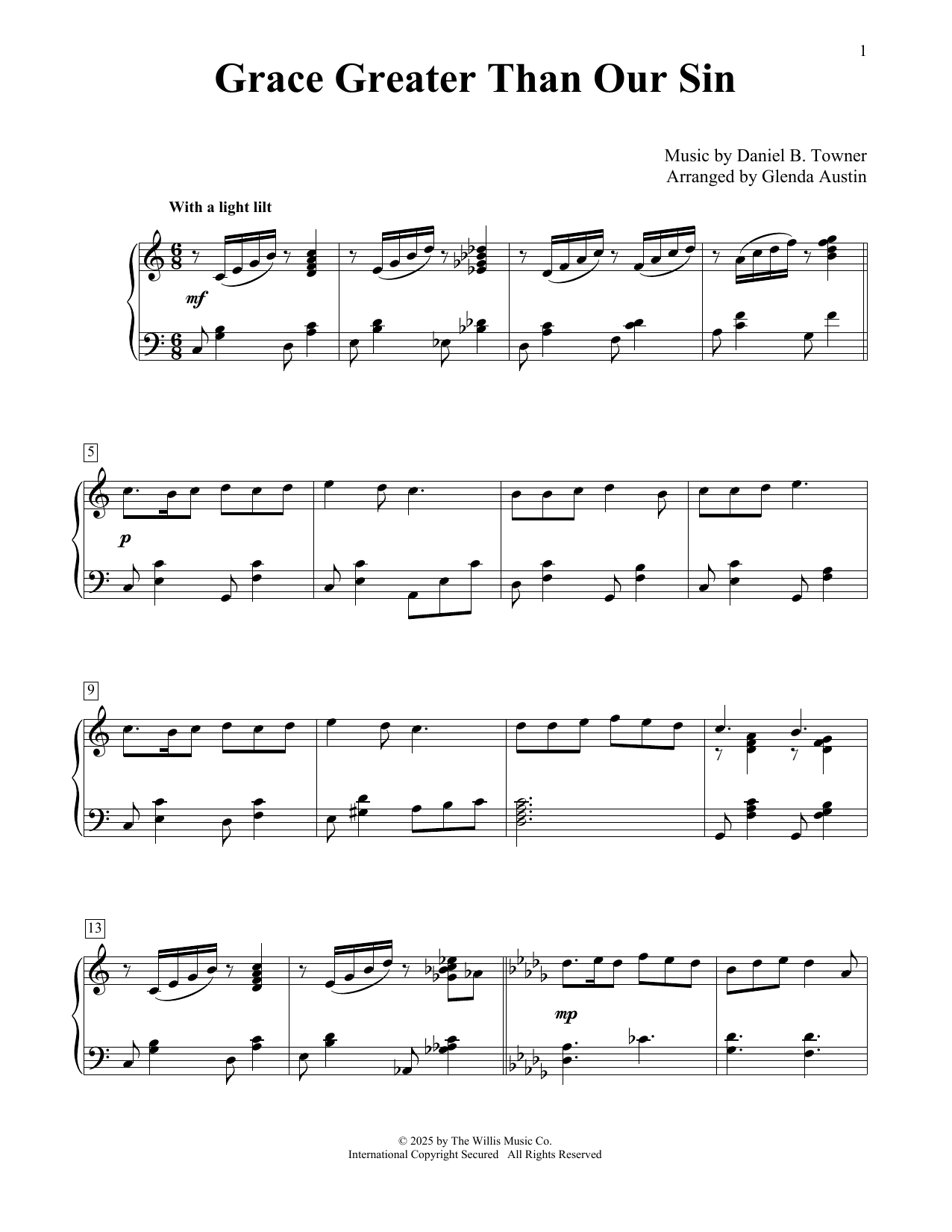 Daniel B. Towner Grace Greater Than Our Sin (arr. Glenda Austin) sheet music notes and chords arranged for Educational Piano