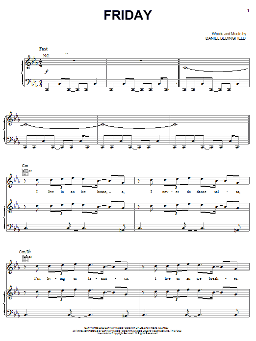 Daniel Bedingfield Friday sheet music notes and chords arranged for Piano, Vocal & Guitar Chords (Right-Hand Melody)