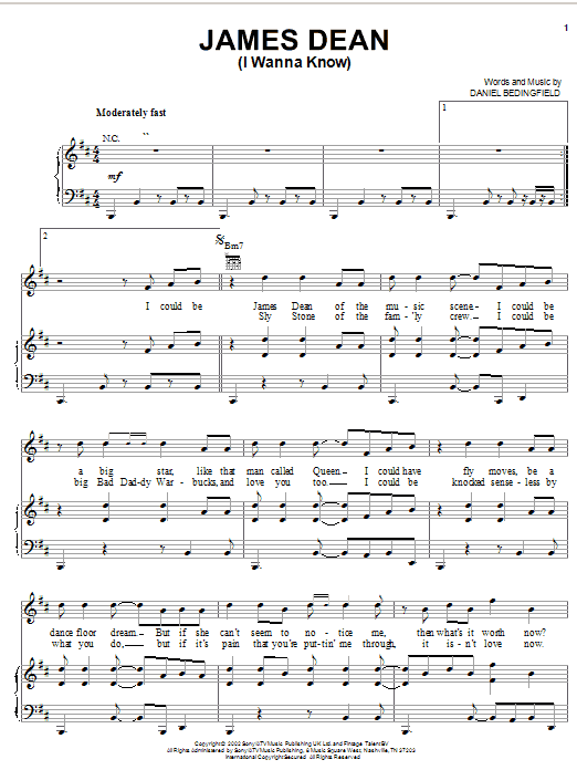Daniel Bedingfield James Dean (I Wanna Know) sheet music notes and chords arranged for Piano, Vocal & Guitar Chords (Right-Hand Melody)
