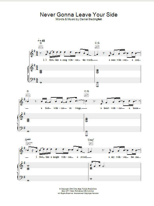 Daniel Bedingfield Never Gonna Leave Your Side sheet music notes and chords arranged for Piano, Vocal & Guitar Chords