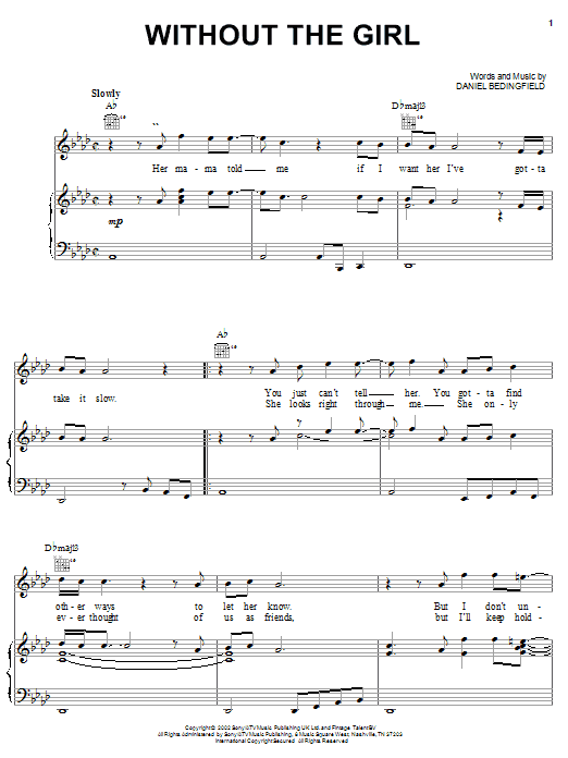 Daniel Bedingfield Without The Girl sheet music notes and chords arranged for Piano, Vocal & Guitar Chords (Right-Hand Melody)