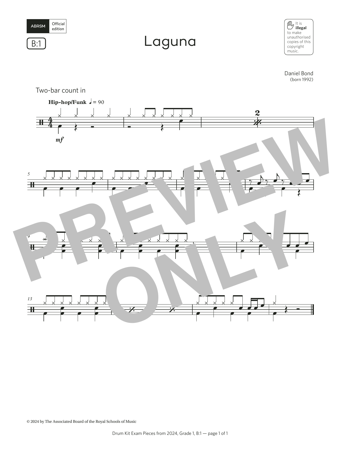 Daniel Bond Laguna (Grade 1, list B1, from the ABRSM Drum Kit Syllabus 2024) sheet music notes and chords arranged for Drums