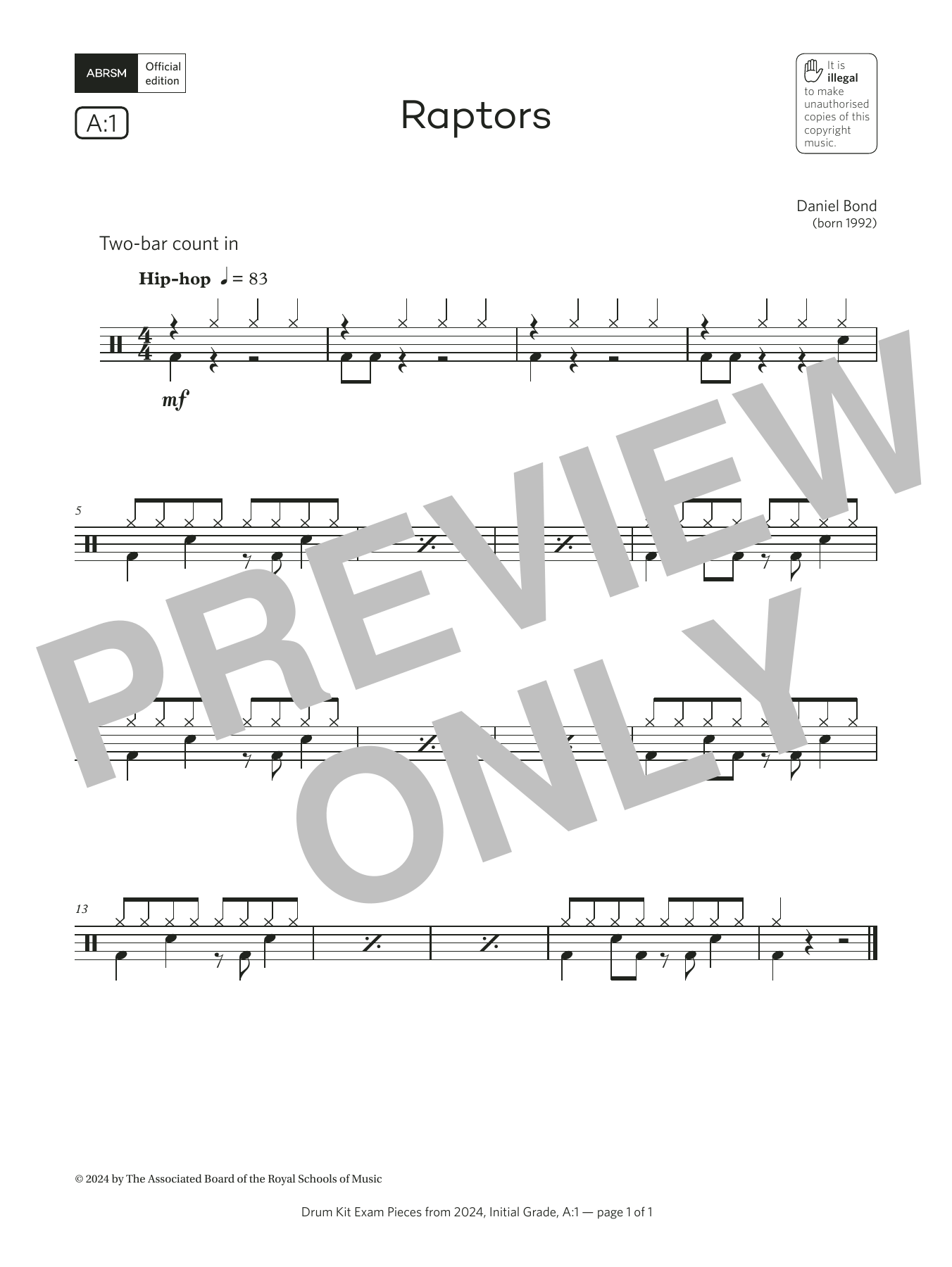 Daniel Bond Raptors (Grade Initial, list A1, from the ABRSM Drum Kit Syllabus 2024) sheet music notes and chords arranged for Drums