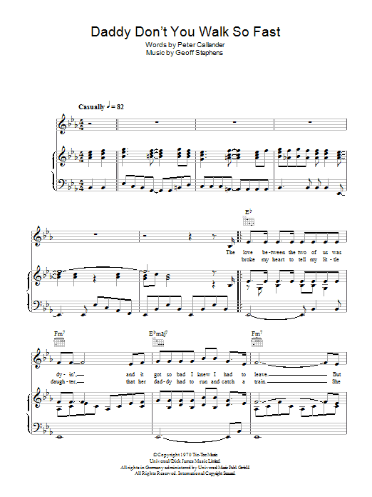 Daniel Boone Daddy Don't You Walk So Fast sheet music notes and chords arranged for Piano, Vocal & Guitar Chords