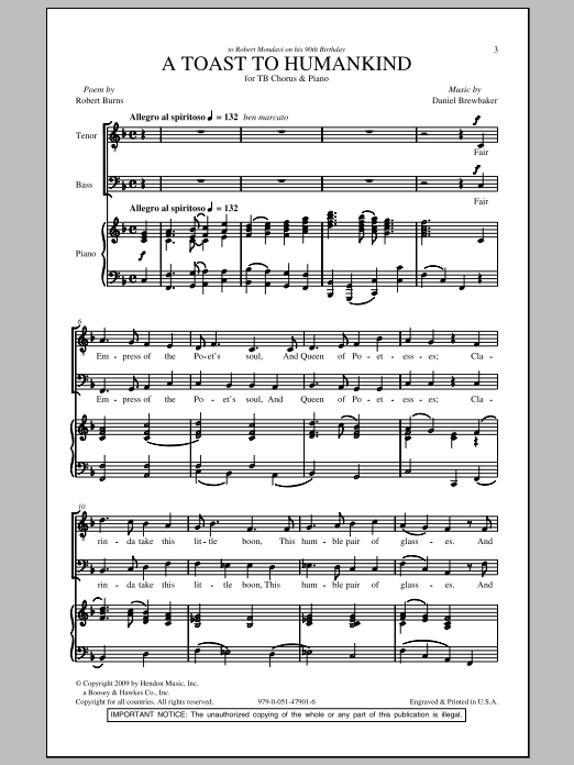 Daniel Brewbaker A Toast To Humankind sheet music notes and chords arranged for TB Choir