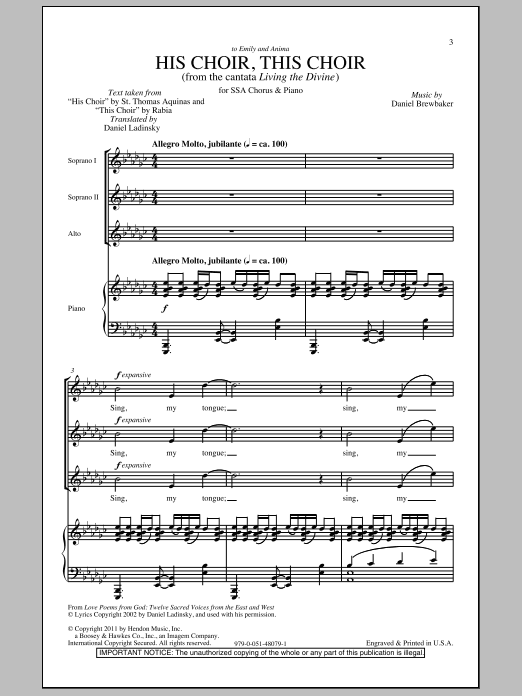 Daniel Brewbaker His Choir, This Choir sheet music notes and chords arranged for SSA Choir