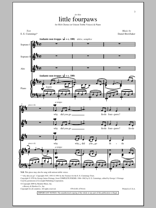 Daniel Brewbaker Little Four Paws sheet music notes and chords arranged for SSA Choir