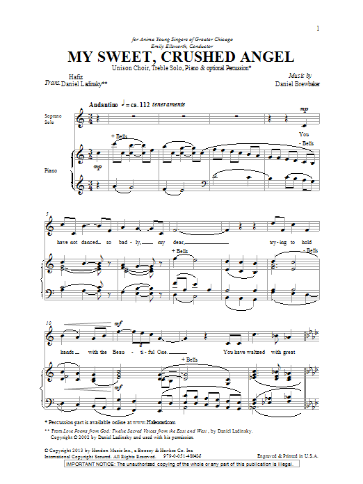 Daniel Brewbaker My Sweet, Crushed Angel sheet music notes and chords arranged for Unison Choir