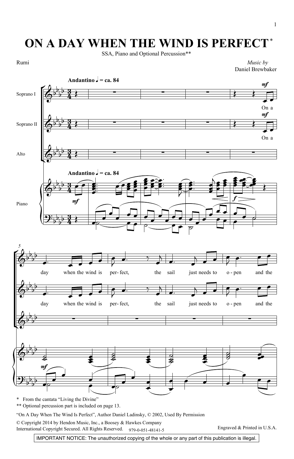 Daniel Brewbaker On A Day When The Wind Is Perfect sheet music notes and chords arranged for SSA Choir