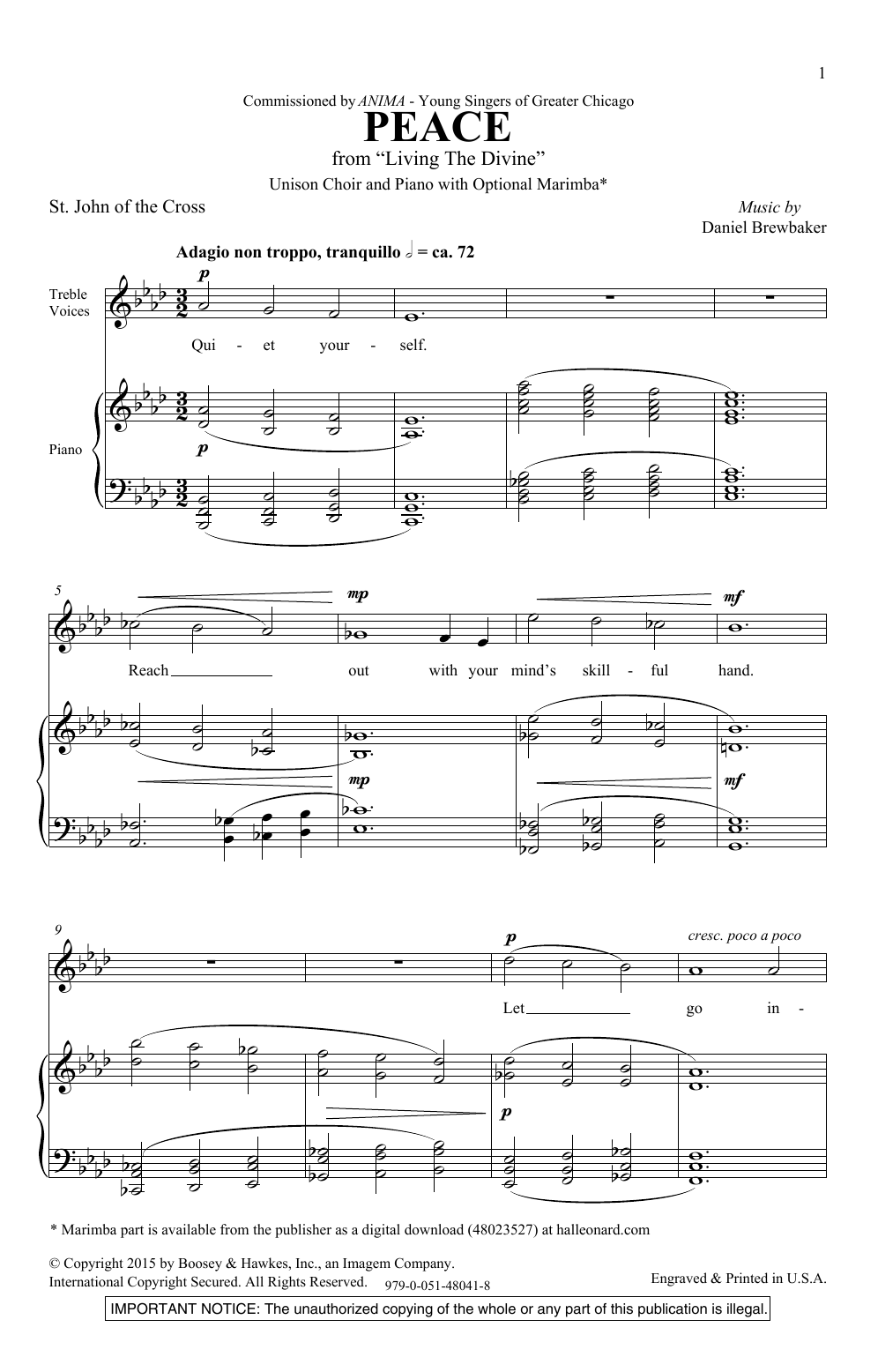 Daniel Brewbaker Peace sheet music notes and chords arranged for Unison Choir