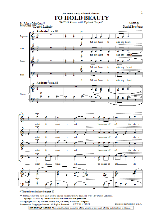 Daniel Brewbaker To Hold Beauty sheet music notes and chords arranged for SATB Choir