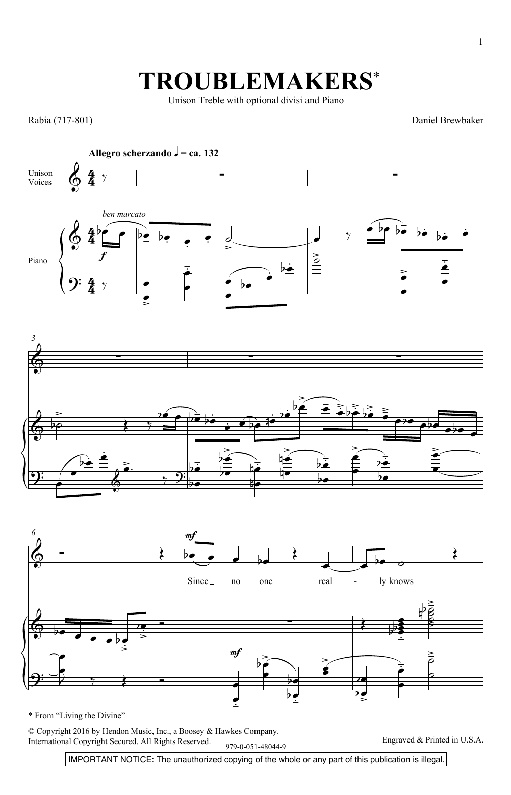 Daniel Brewbaker Troublemakers sheet music notes and chords arranged for Unison Choir