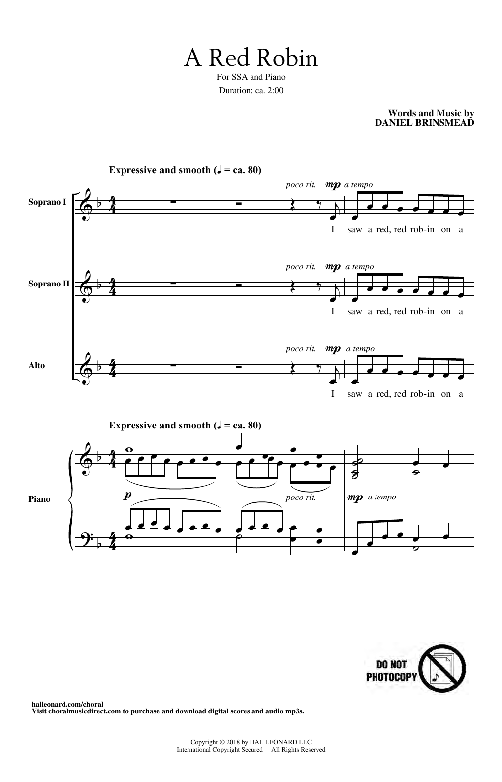 Daniel Brinsmead A Red Robin sheet music notes and chords arranged for SSA Choir