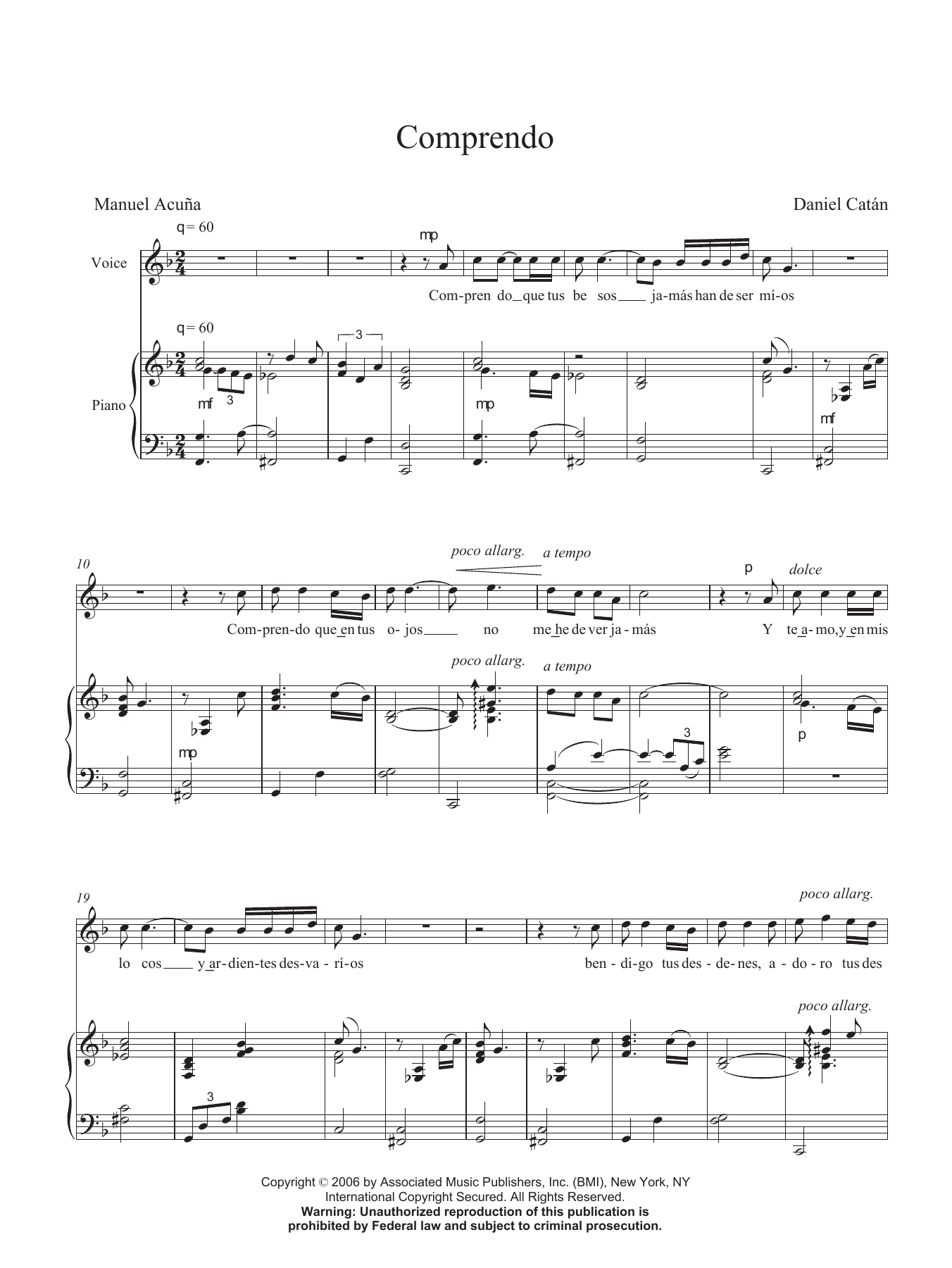 Daniel Catán Comprendo sheet music notes and chords arranged for Piano & Vocal