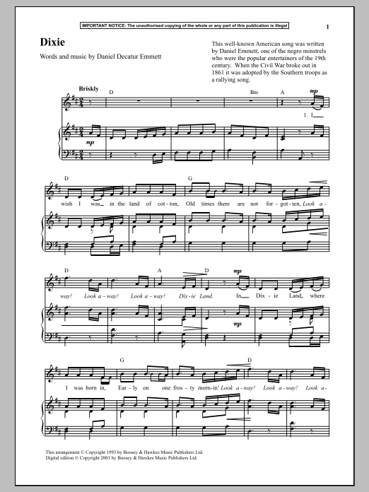 Daniel Decatur Emmett Dixie sheet music notes and chords arranged for Piano & Vocal