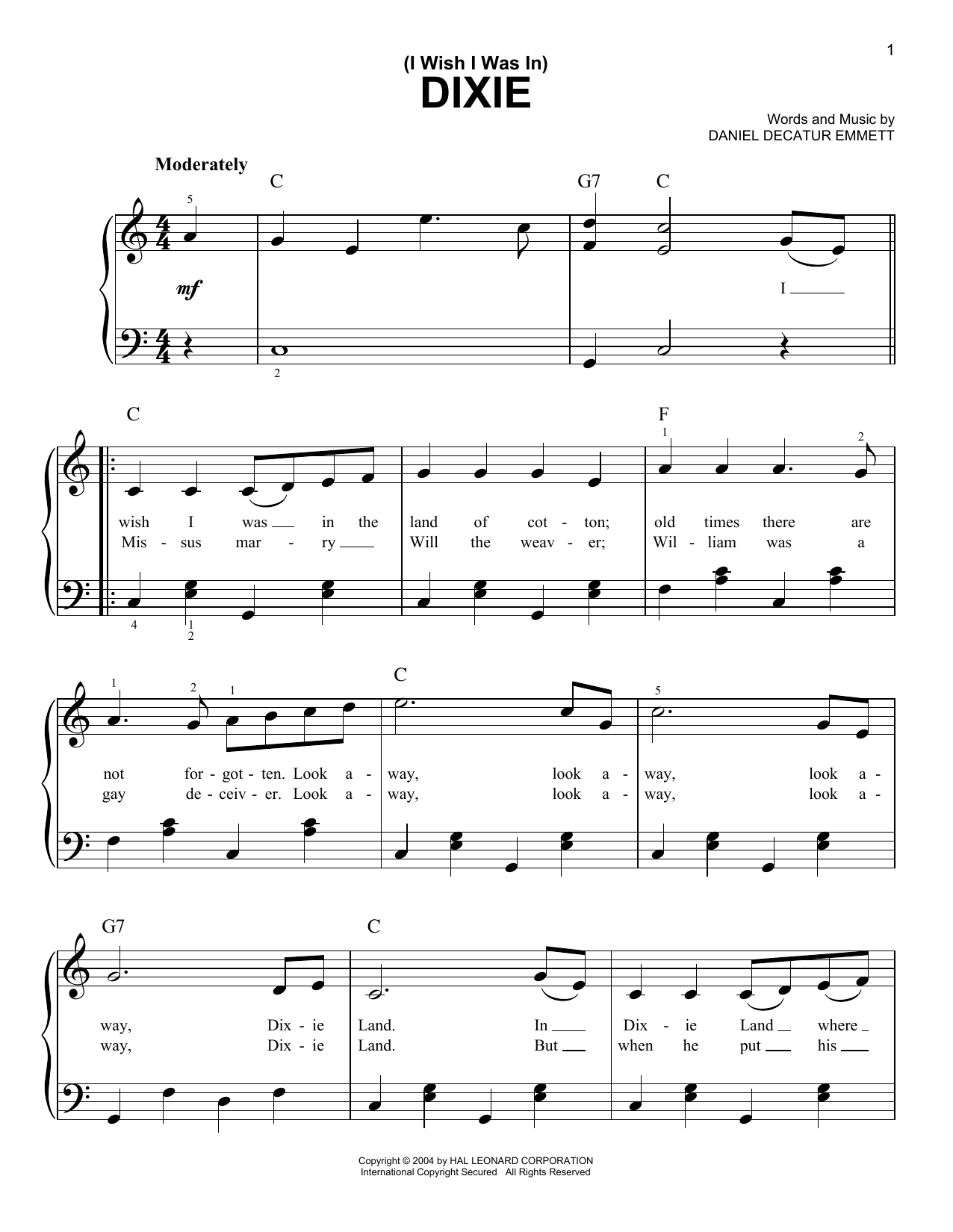 Daniel Decatur Emmett (I Wish I Was In) Dixie sheet music notes and chords arranged for Piano, Vocal & Guitar Chords (Right-Hand Melody)