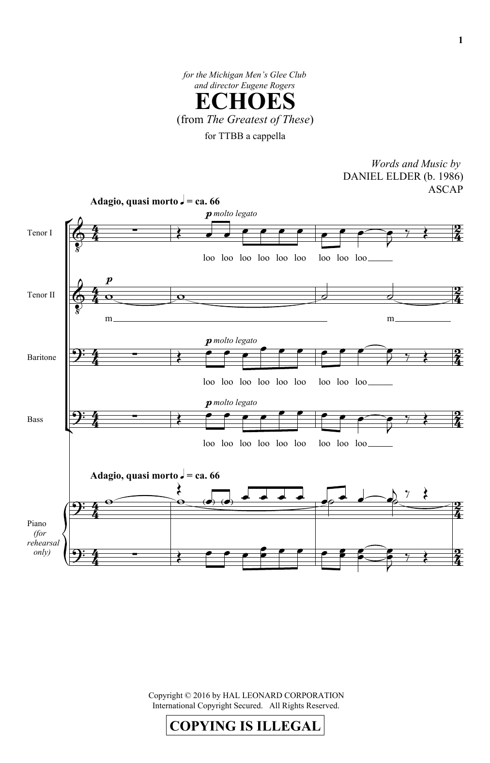 Daniel Elder Echoes sheet music notes and chords arranged for TTBB Choir