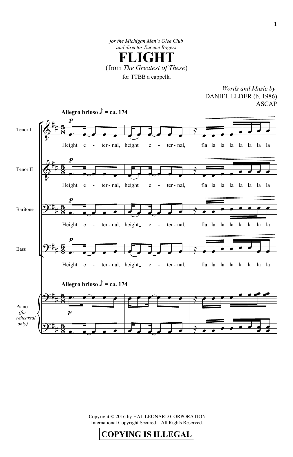 Daniel Elder Flight sheet music notes and chords arranged for TTBB Choir