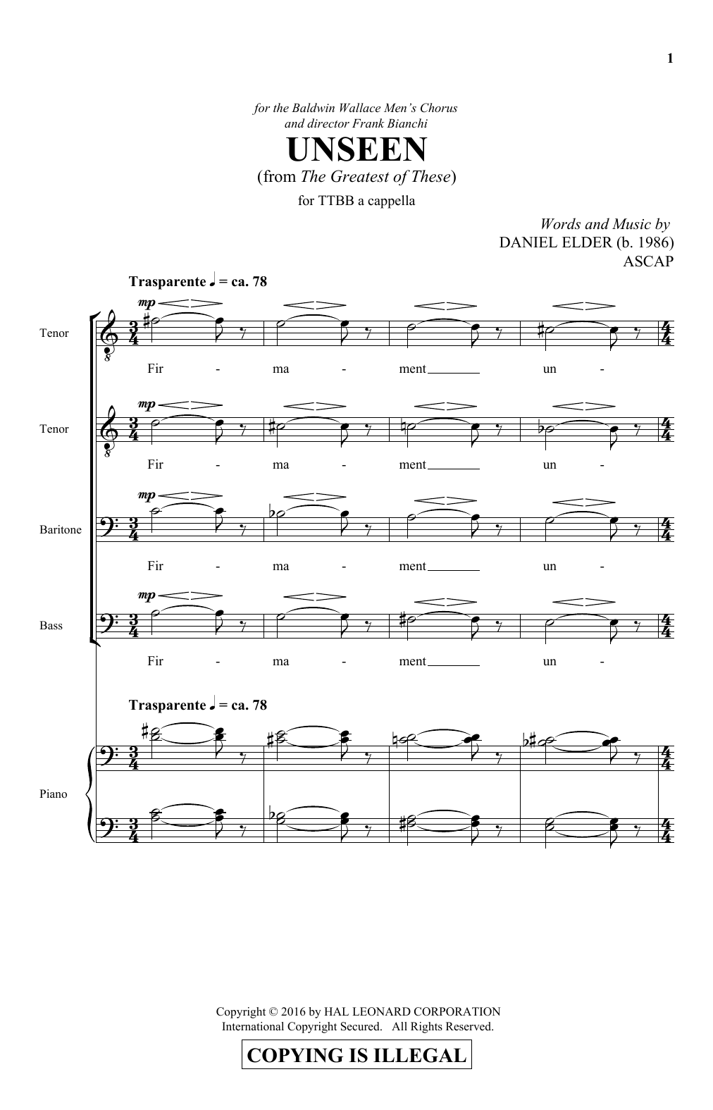 Daniel Elder Unseen sheet music notes and chords arranged for TTBB Choir