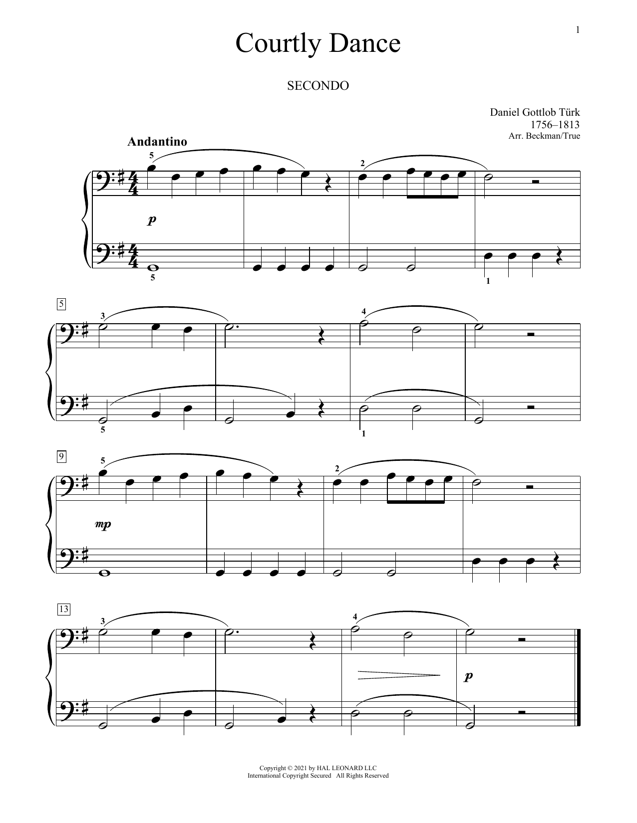 Daniel Gottlob Turk Courtly Dance sheet music notes and chords arranged for Piano Duet
