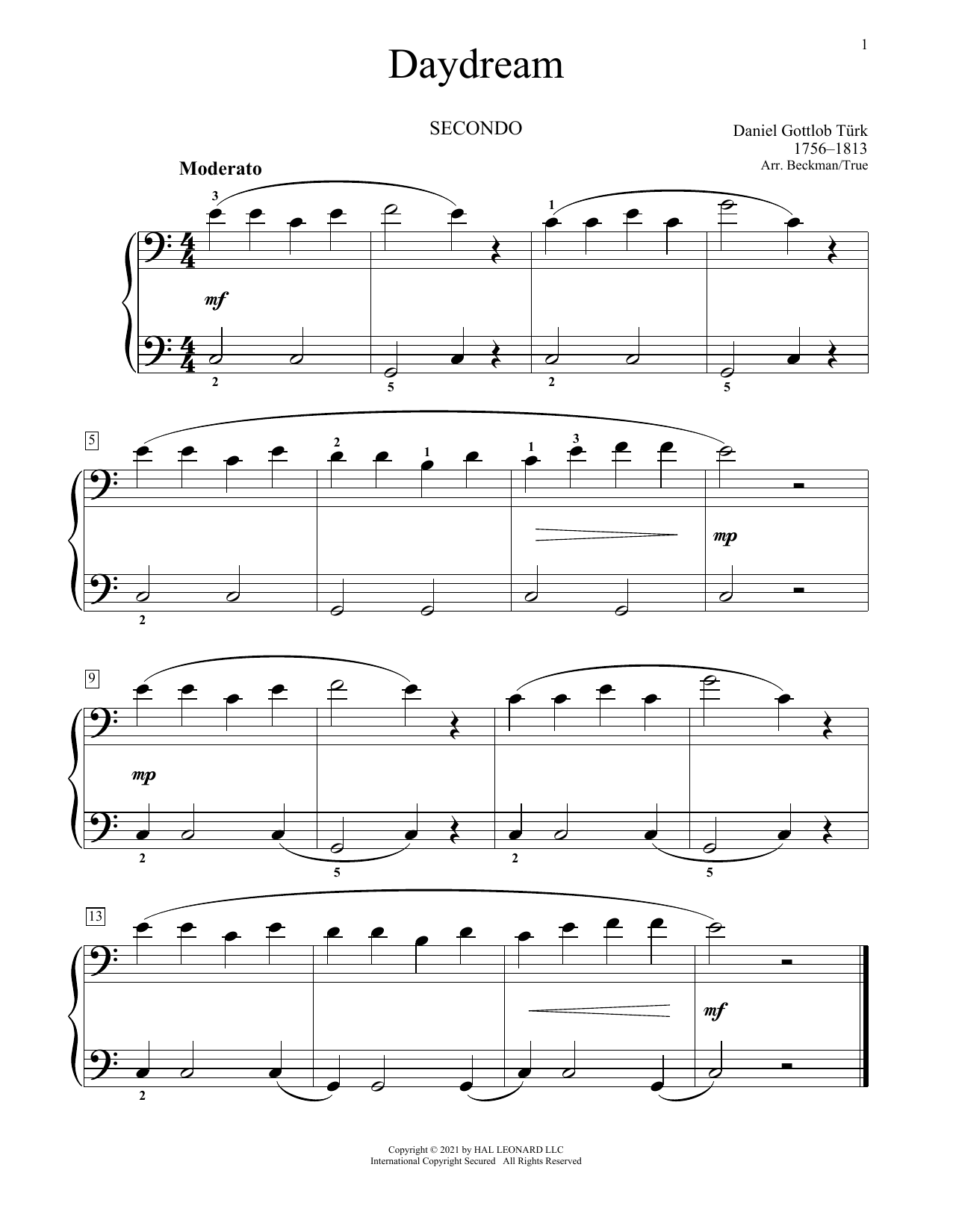 Daniel Gottlob Turk Daydream sheet music notes and chords arranged for Piano Duet