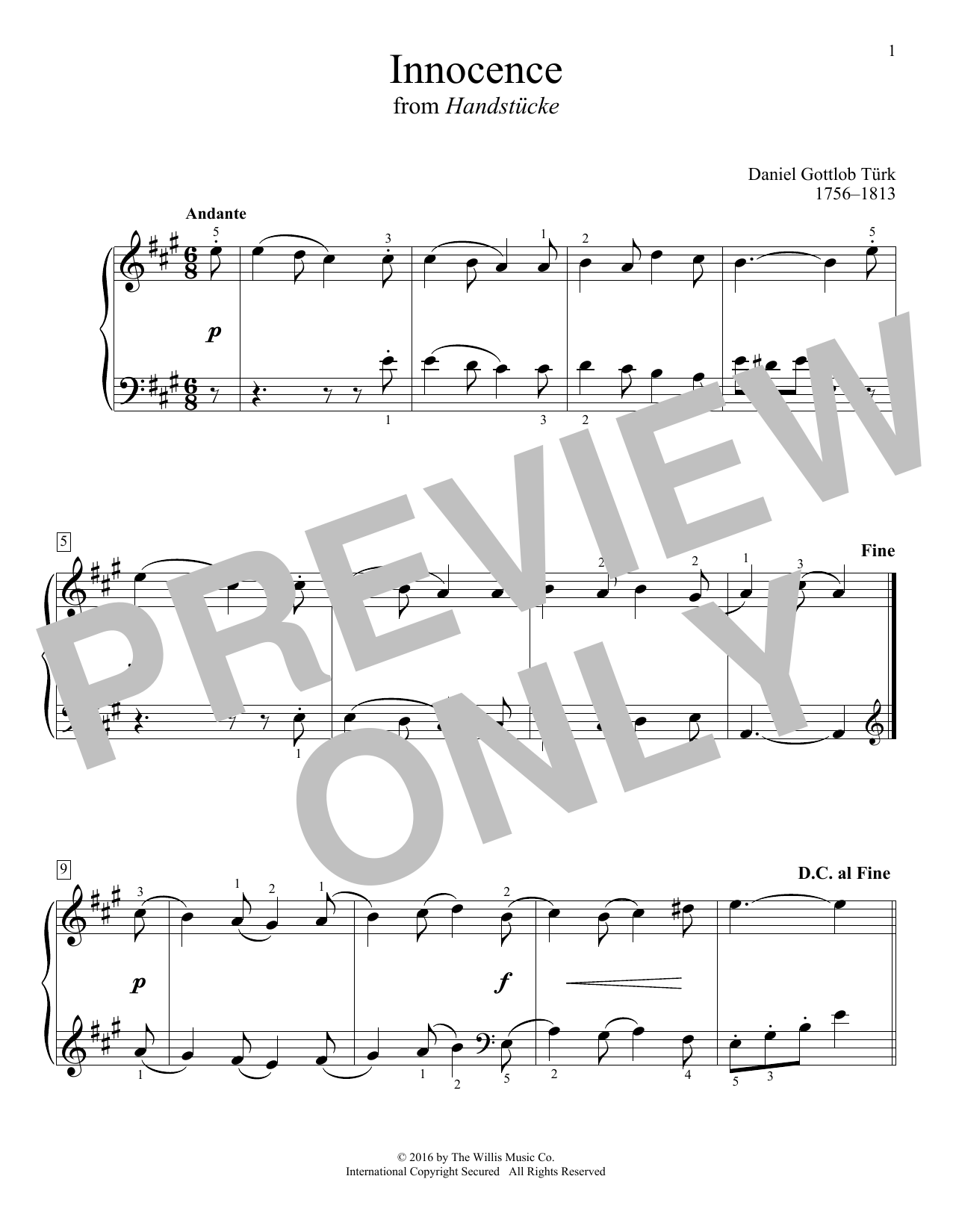 Daniel Gottlob Türk Innocence sheet music notes and chords arranged for Educational Piano