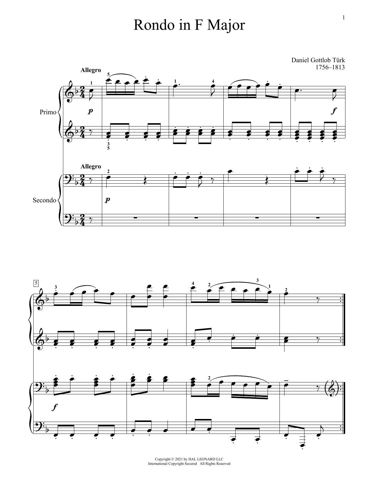 Daniel Gottlob Turk Rondo In F Major sheet music notes and chords arranged for Piano Duet