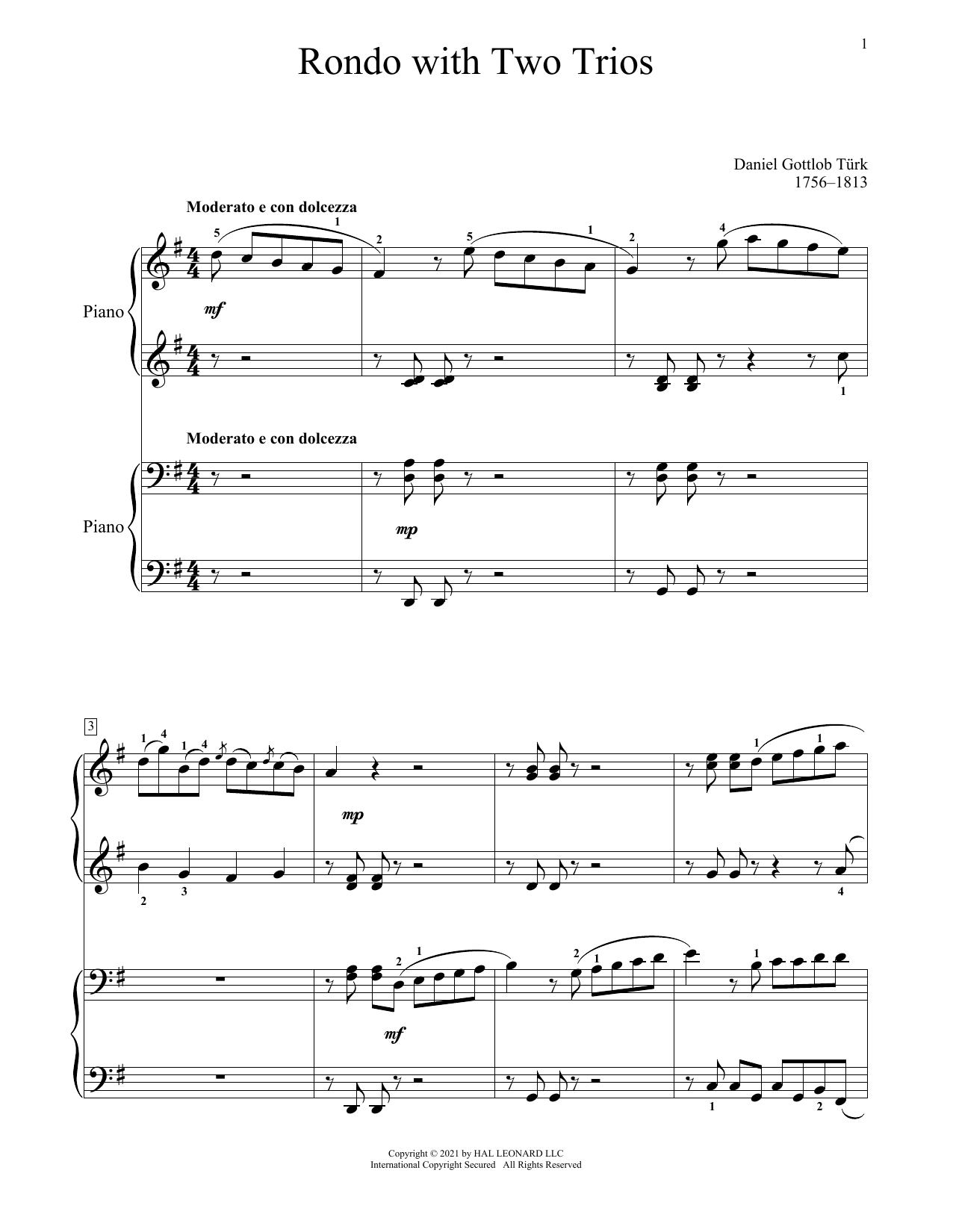 Daniel Gottlob Turk Rondo With Two Trios sheet music notes and chords arranged for Piano Duet