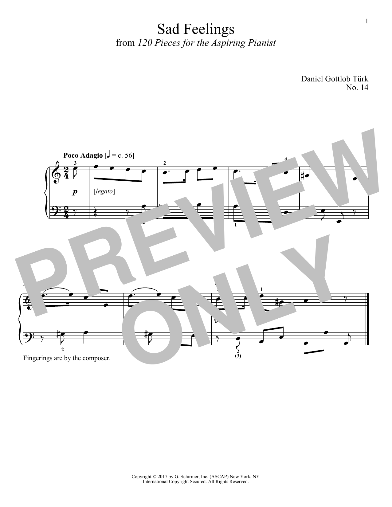 Daniel Gottlob Türk Sad Feelings sheet music notes and chords arranged for Piano Solo