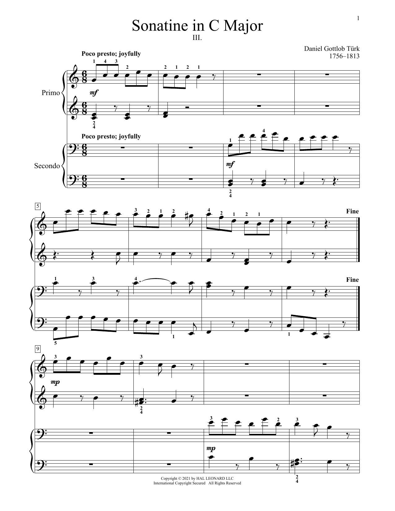 Daniel Gottlob Turk Sonatine In C Major sheet music notes and chords arranged for Piano Duet