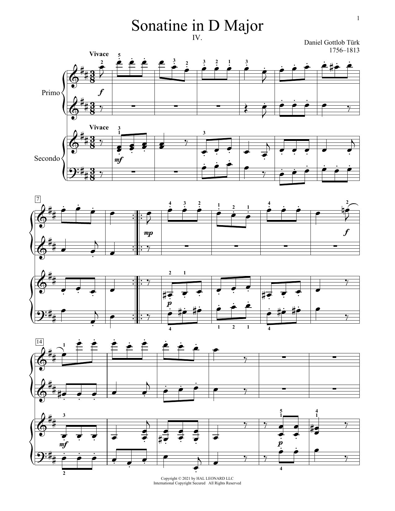 Daniel Gottlob Turk Sonatine In D Major sheet music notes and chords arranged for Piano Duet