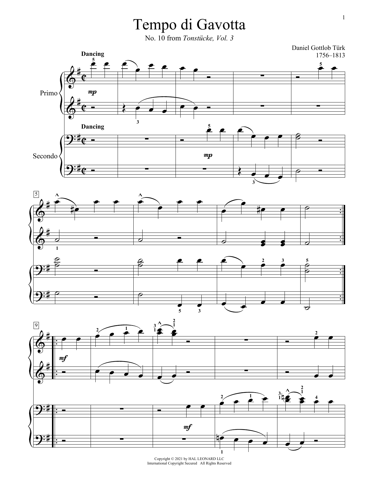Daniel Gottlob Turk Tempo Di Gavotta (From Tonstucke, Vol. 3, No. 10) sheet music notes and chords arranged for Piano Duet