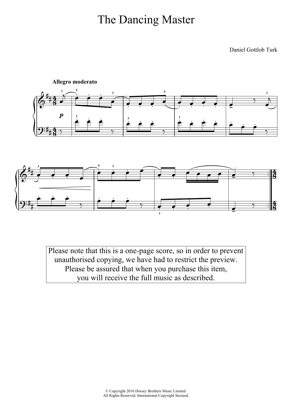 Daniel Gottlob Türk The Dancing Master sheet music notes and chords arranged for Easy Piano
