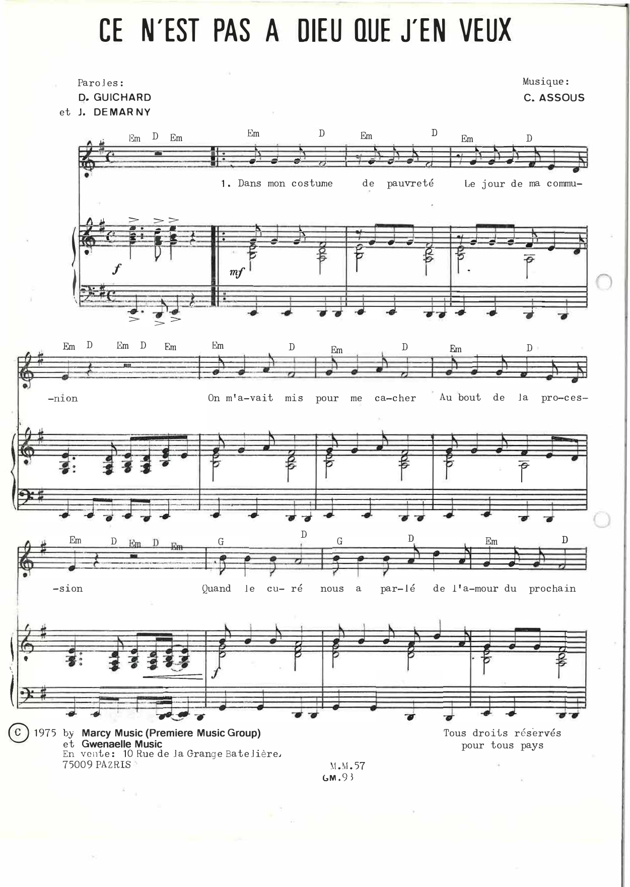 Daniel Guichard Ce n'est pas à Dieu que j'en veux sheet music notes and chords arranged for Piano & Vocal